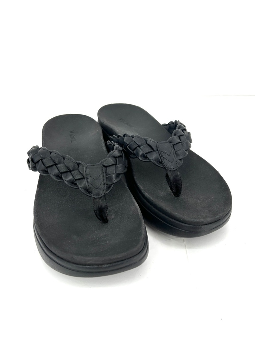 Vionic Womens Kenji Sandals Black Platform Braided Thong Flip Flops